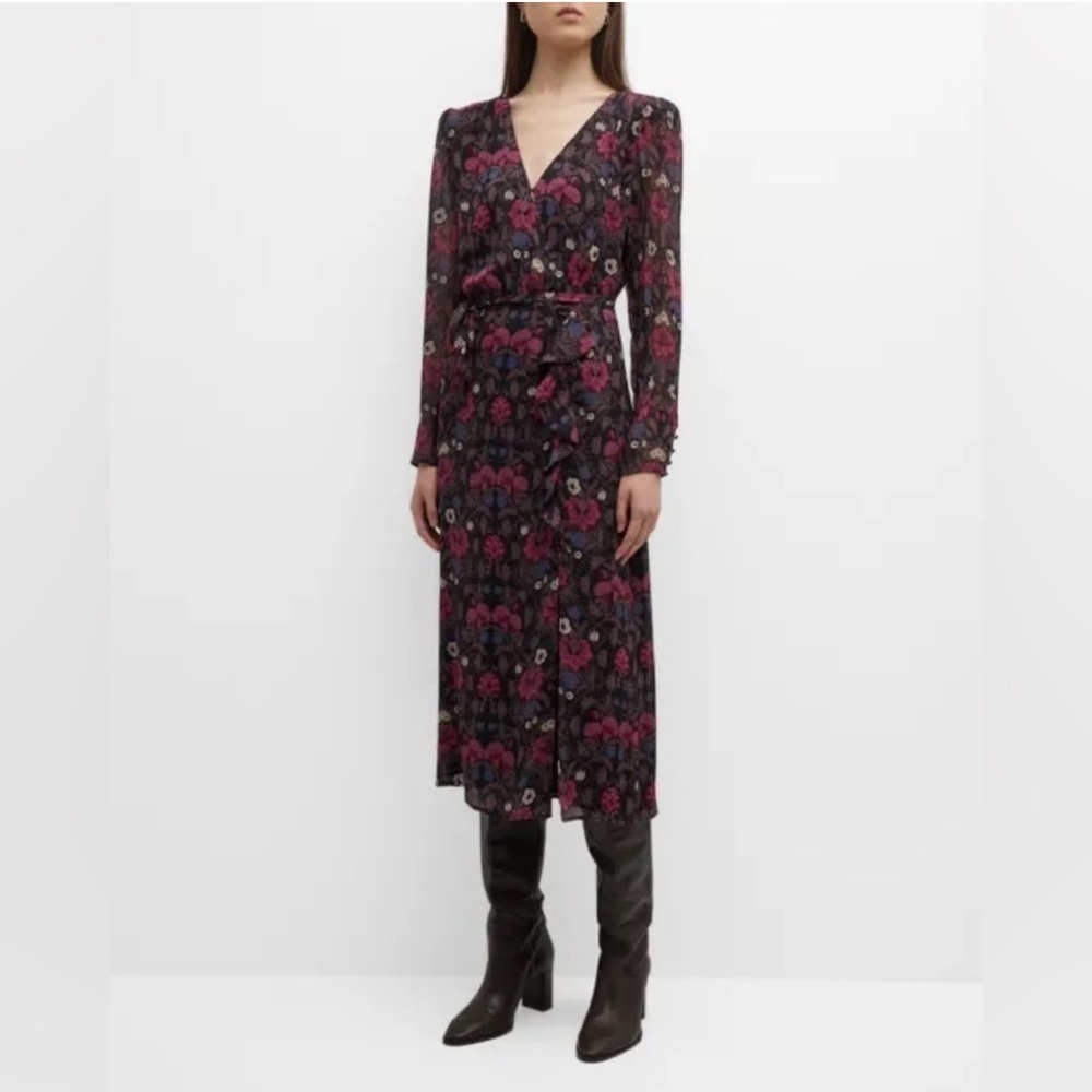PAIGE Ledara Floral Silk Long Sleeve Faux Wrap Midi Dress in Black Multi Sz XS - Picture 12 of 14